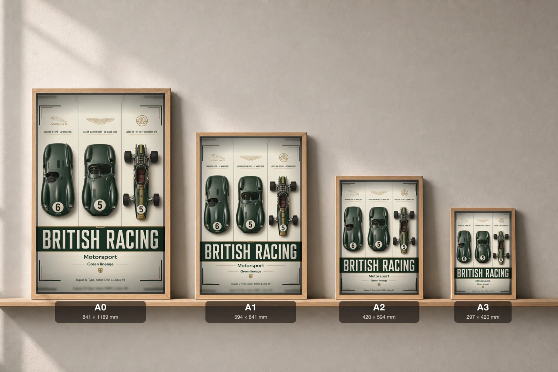 Jaguar · Aston Martin · Team Lotus D-Type · DBR1 · Lotus 49 Poster —  Sportscar prototype · endurance racer · Formula One WEC racing wall art · #6 · 5 · 5 · framed A2 — print size guide showing the artwork at A0, A1, A2 and A3 in natural-oak frames at true relative scale