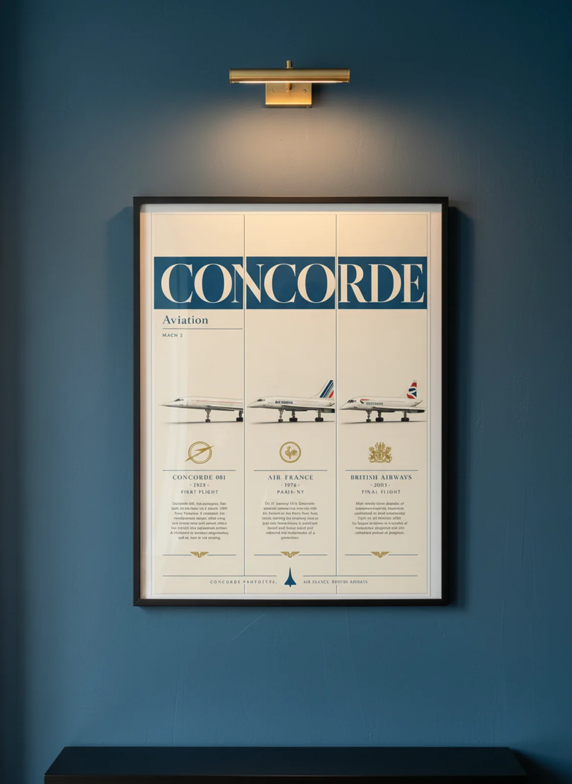 Concorde three-panel gallery set in black A2 frame on air-france-blue lime-wash wall — Gallery Sets mockup
