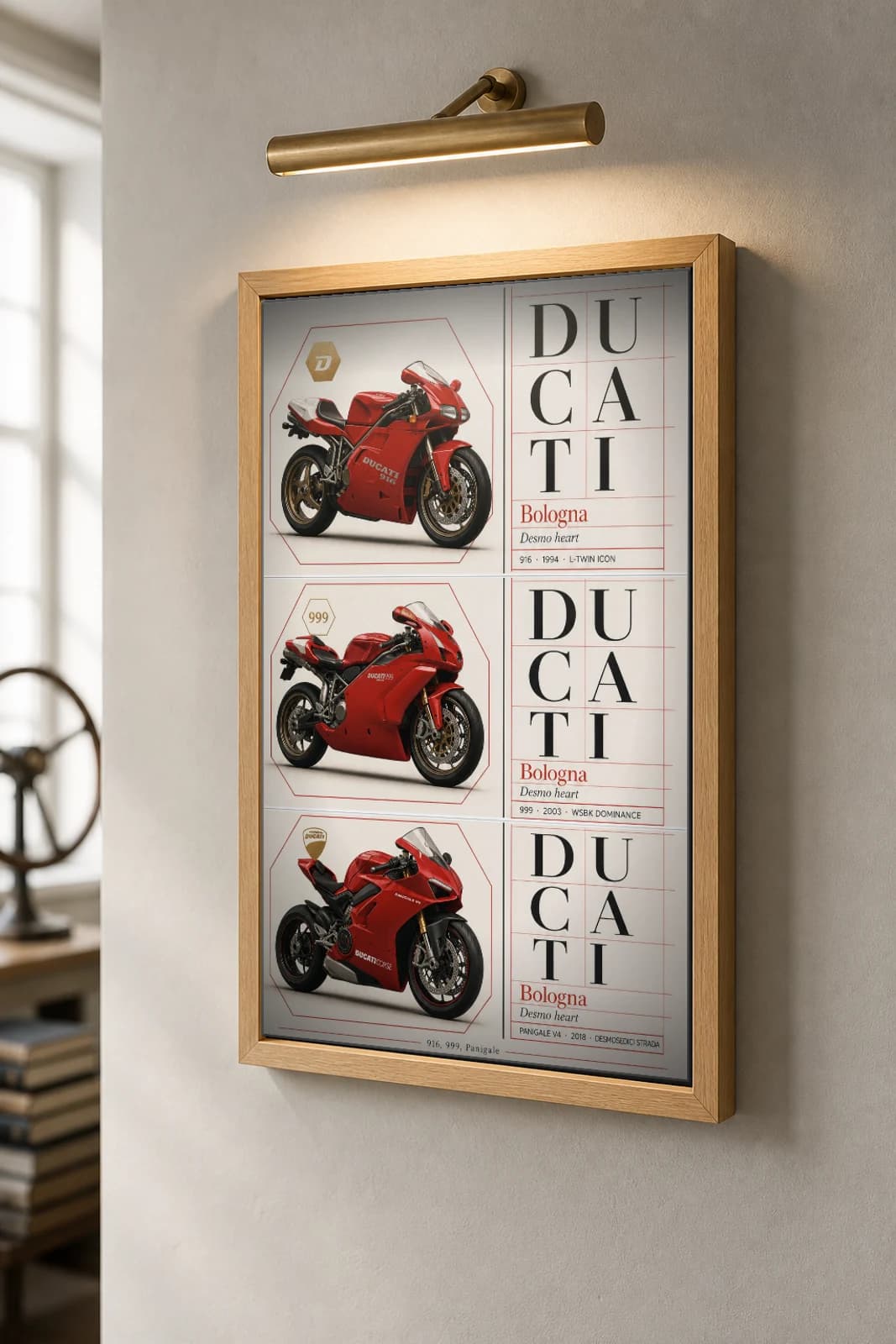 Ducati 916 / 999 / Panigale V4 Poster —  superbike WEC racing wall art · #— · framed A2 — the framed print shown at a three-quarter angle on a styled gallery wall in a natural-oak frame