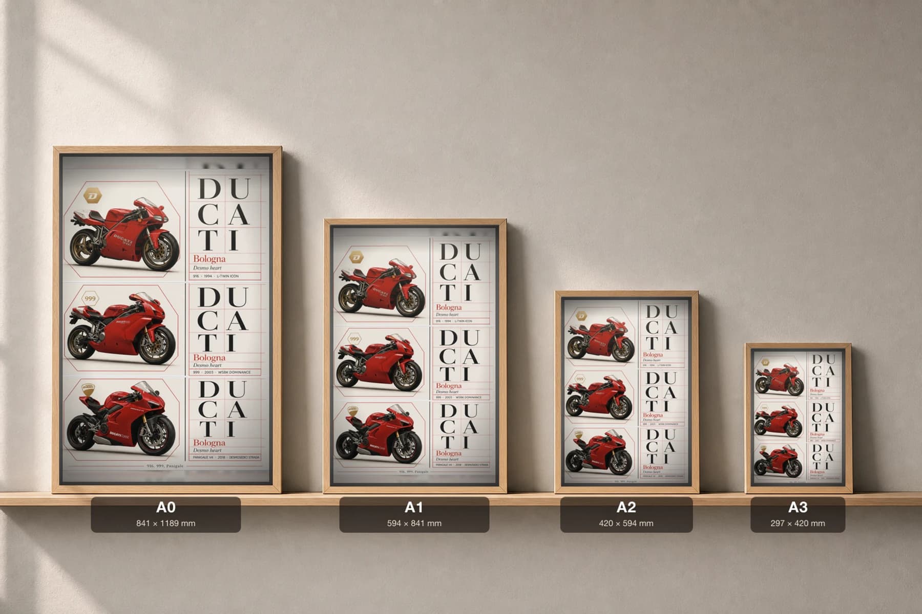 Ducati 916 / 999 / Panigale V4 Poster —  superbike WEC racing wall art · #— · framed A2 — print size guide showing the artwork at A0, A1, A2 and A3 in natural-oak frames at true relative scale