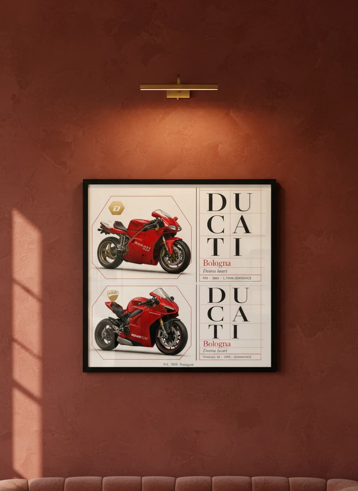 Ducati three-panel gallery set in black A2 frame on rosso-ducati lime-wash wall — Gallery Sets mockup