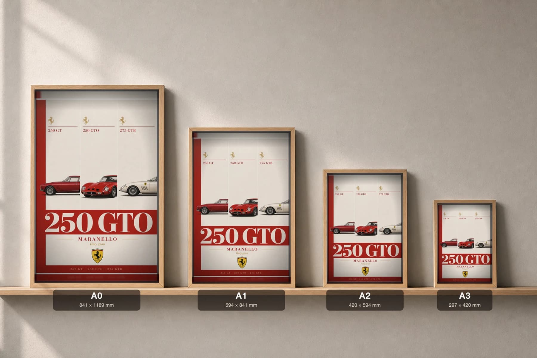 Ferrari 250 GT · 250 GTO · 275 GTB Poster —  GT berlinetta · homologation special WEC racing wall art · #— · framed A2 — print size guide showing the artwork at A0, A1, A2 and A3 in natural-oak frames at true relative scale