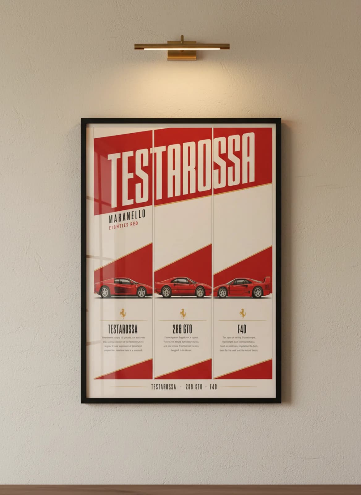 TESTAROSSA three-panel gallery set in black A2 frame on ferrari-red lime-wash wall — Gallery Sets mockup