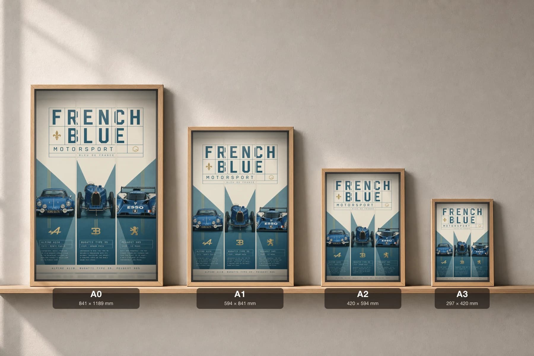 Alpine · Bugatti · Peugeot A110 · Type 35 · 905 Poster —  Rally · Grand Prix · Le Mans prototype WEC racing wall art · #— · framed A2 — print size guide showing the artwork at A0, A1, A2 and A3 in natural-oak frames at true relative scale