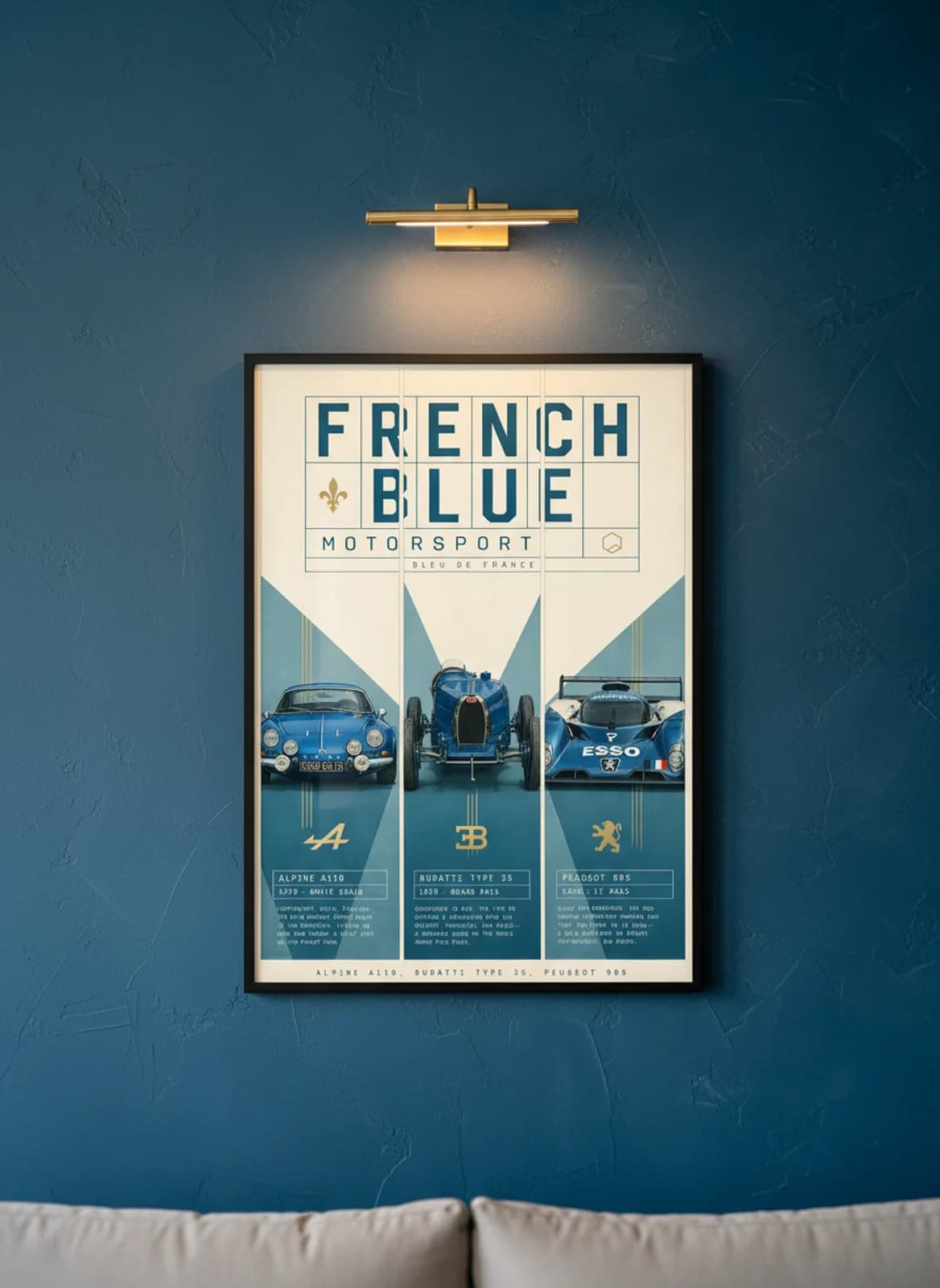 French Blue three-panel gallery set in black A2 frame on french-blue lime-wash wall — Gallery Sets mockup