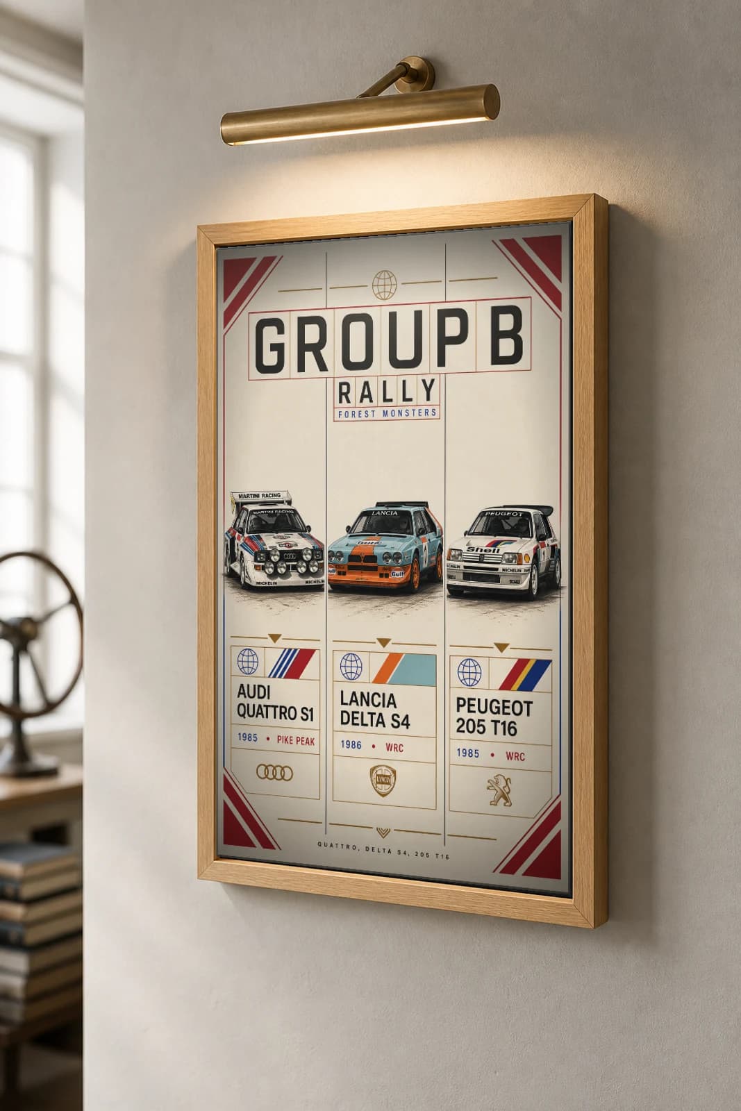 Audi · Lancia · Peugeot Quattro S1 · Delta S4 · 205 T16 Poster — 1986 Group B WEC racing wall art · #— · framed A2 — the framed print shown at a three-quarter angle on a styled gallery wall in a natural-oak frame