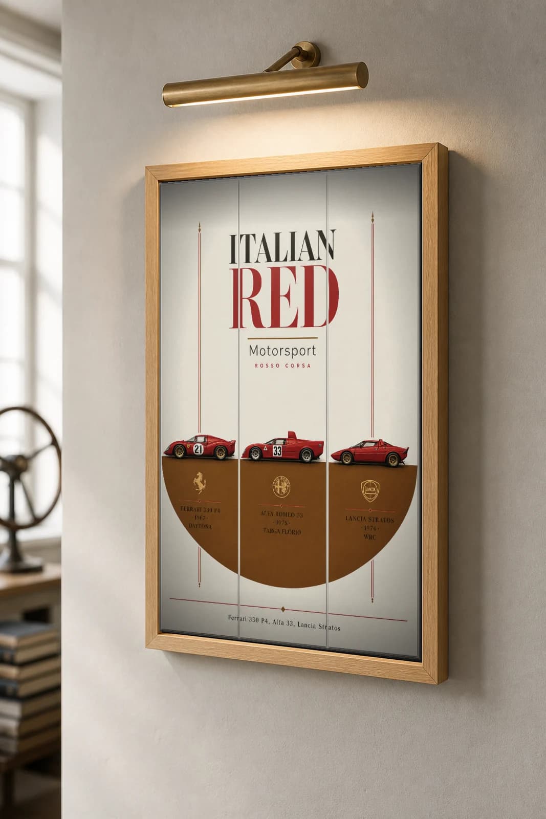 Ferrari · Alfa Romeo · Lancia Ferrari 330 P4 · Alfa Romeo 33 · Lancia Stratos Poster —  sports prototype / rally WEC racing wall art · #21 · 33 · framed A2 — the framed print shown at a three-quarter angle on a styled gallery wall in a natural-oak frame