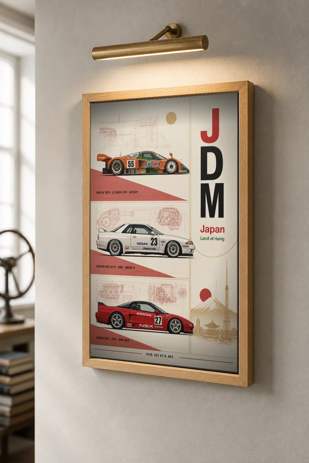Mazda · Nissan · Honda 787B / R32 GT-R / NSX Poster — 1991 Le Mans prototype · Group A touring · Mid-engine sports WEC racing wall art · #55 · 23 · 27 · framed A2 — the framed print shown at a three-quarter angle on a styled gallery wall in a natural-oak frame