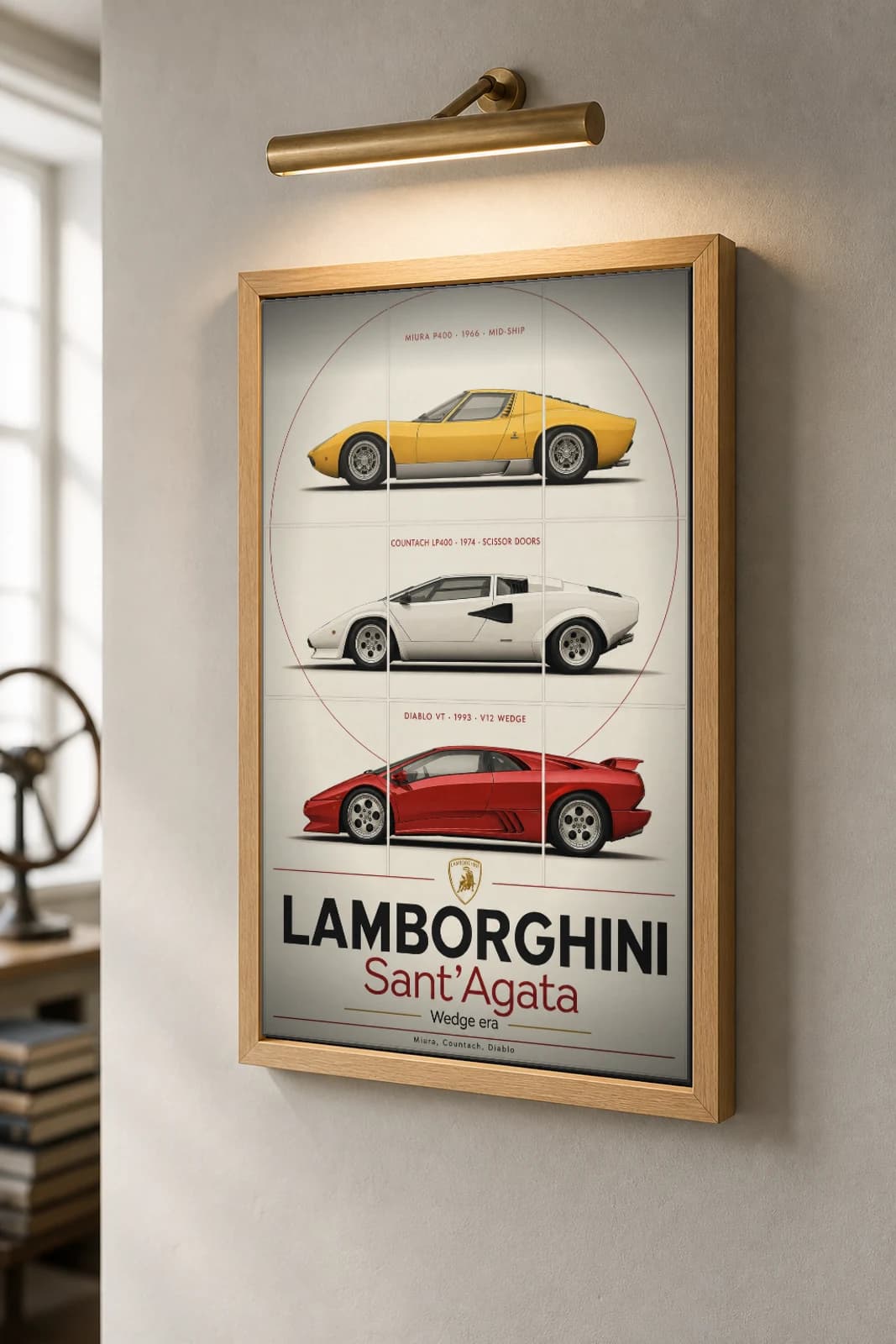 Lamborghini Miura P400 · Countach LP400 · Diablo VT Poster —  supercar WEC racing wall art · #— · framed A2 — the framed print shown at a three-quarter angle on a styled gallery wall in a natural-oak frame