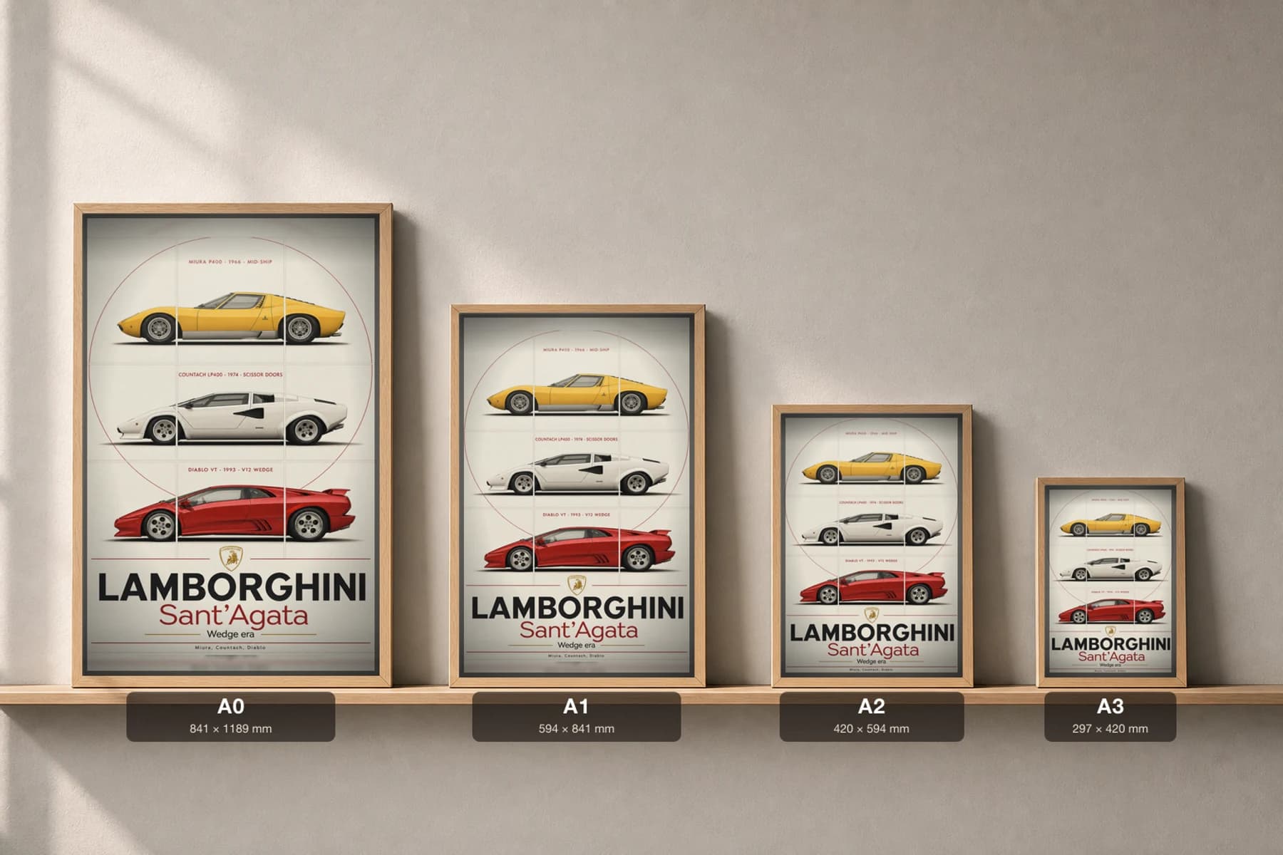 Lamborghini Miura P400 · Countach LP400 · Diablo VT Poster —  supercar WEC racing wall art · #— · framed A2 — print size guide showing the artwork at A0, A1, A2 and A3 in natural-oak frames at true relative scale