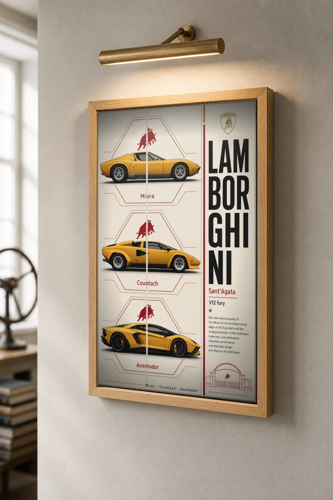 Lamborghini Miura · Countach · Aventador Poster —  supercar WEC racing wall art · #— · framed A2 — the framed print shown at a three-quarter angle on a styled gallery wall in a natural-oak frame