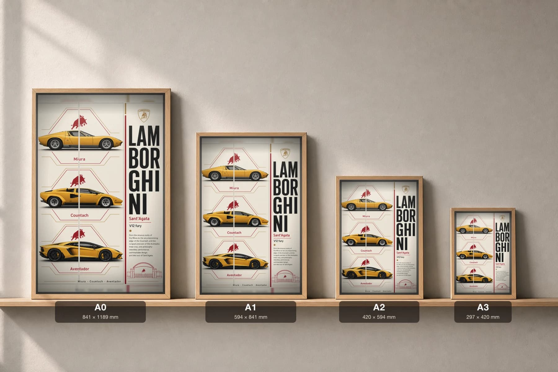 Lamborghini Miura · Countach · Aventador Poster —  supercar WEC racing wall art · #— · framed A2 — print size guide showing the artwork at A0, A1, A2 and A3 in natural-oak frames at true relative scale
