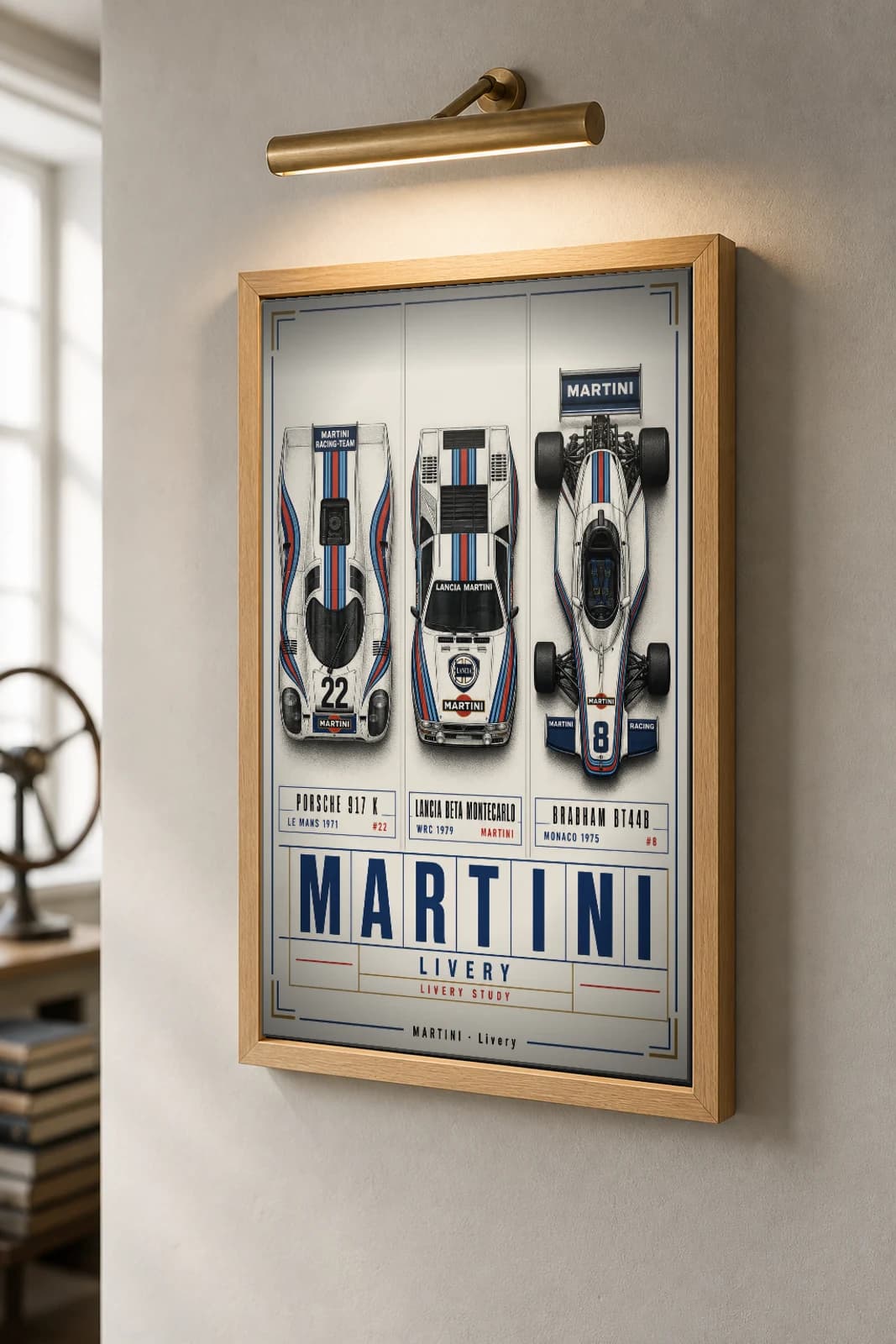 Martini Racing 917 K · Beta Montecarlo · BT44B Poster —  Endurance · Group 5 · Formula 1 WEC racing wall art · #22 · 8 · framed A2 — the framed print shown at a three-quarter angle on a styled gallery wall in a natural-oak frame