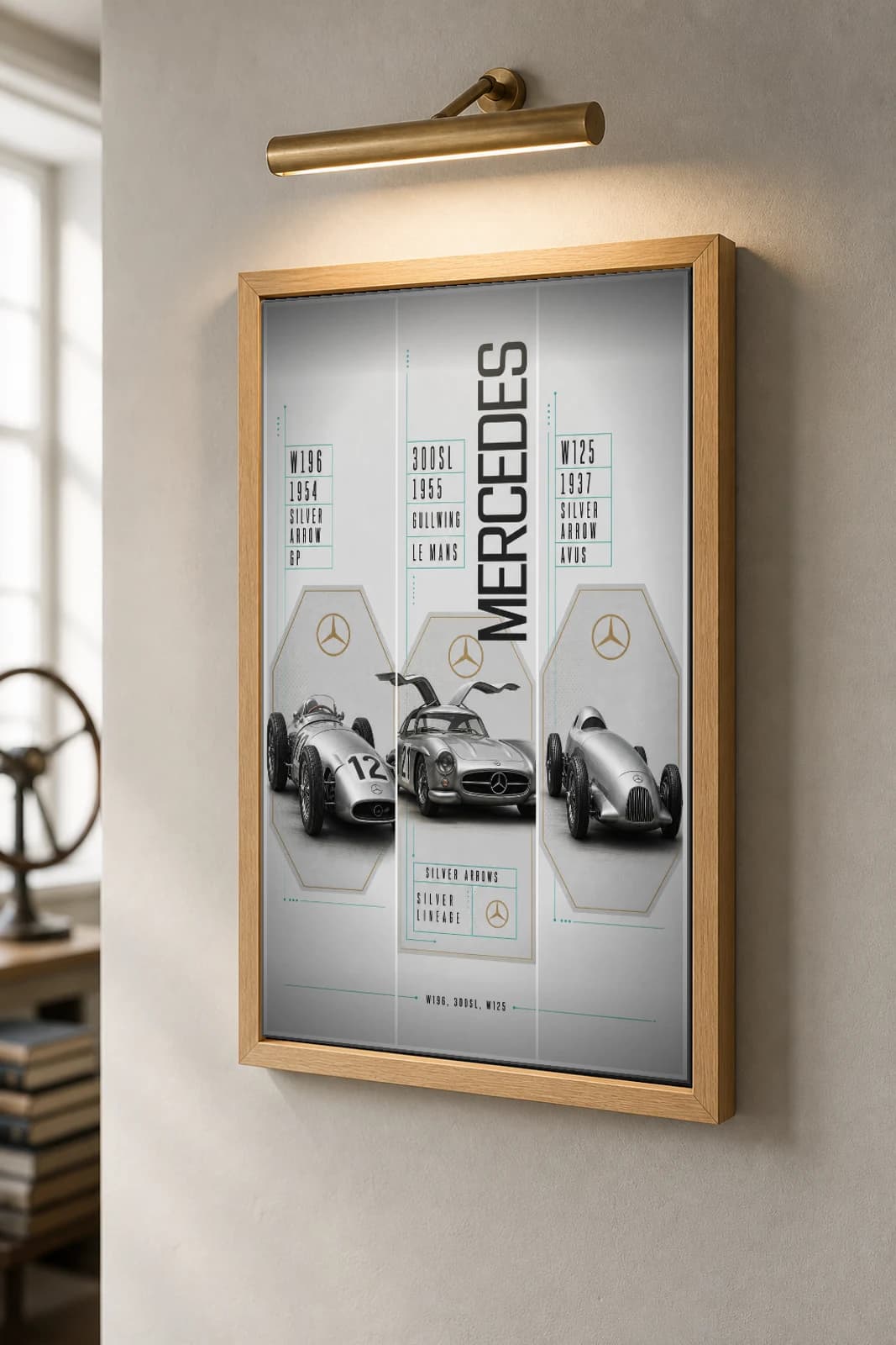 Mercedes-Benz W196 / 300SL / W125 Poster —  Grand Prix · GT · Rekordwagen WEC racing wall art · #12 · framed A2 — the framed print shown at a three-quarter angle on a styled gallery wall in a natural-oak frame