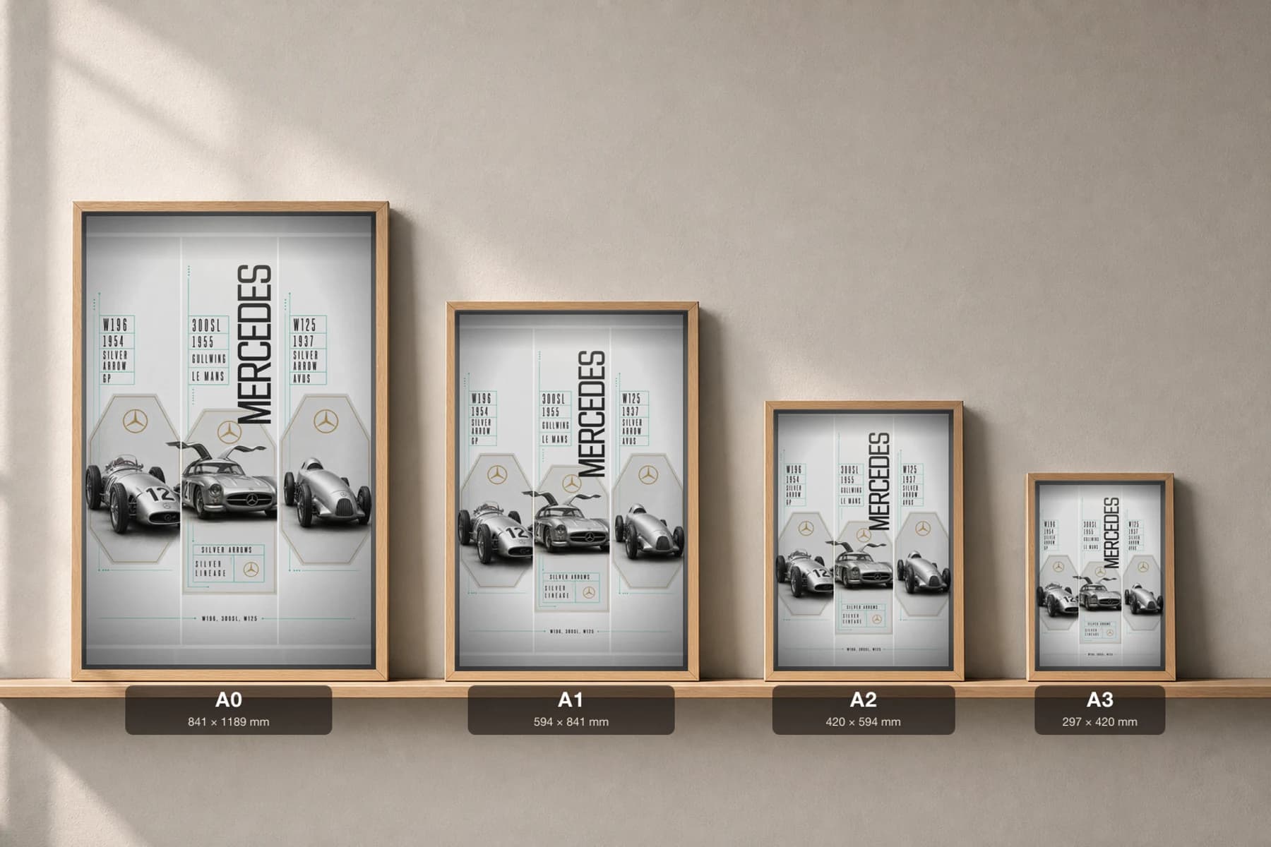 Mercedes-Benz W196 / 300SL / W125 Poster —  Grand Prix · GT · Rekordwagen WEC racing wall art · #12 · framed A2 — print size guide showing the artwork at A0, A1, A2 and A3 in natural-oak frames at true relative scale