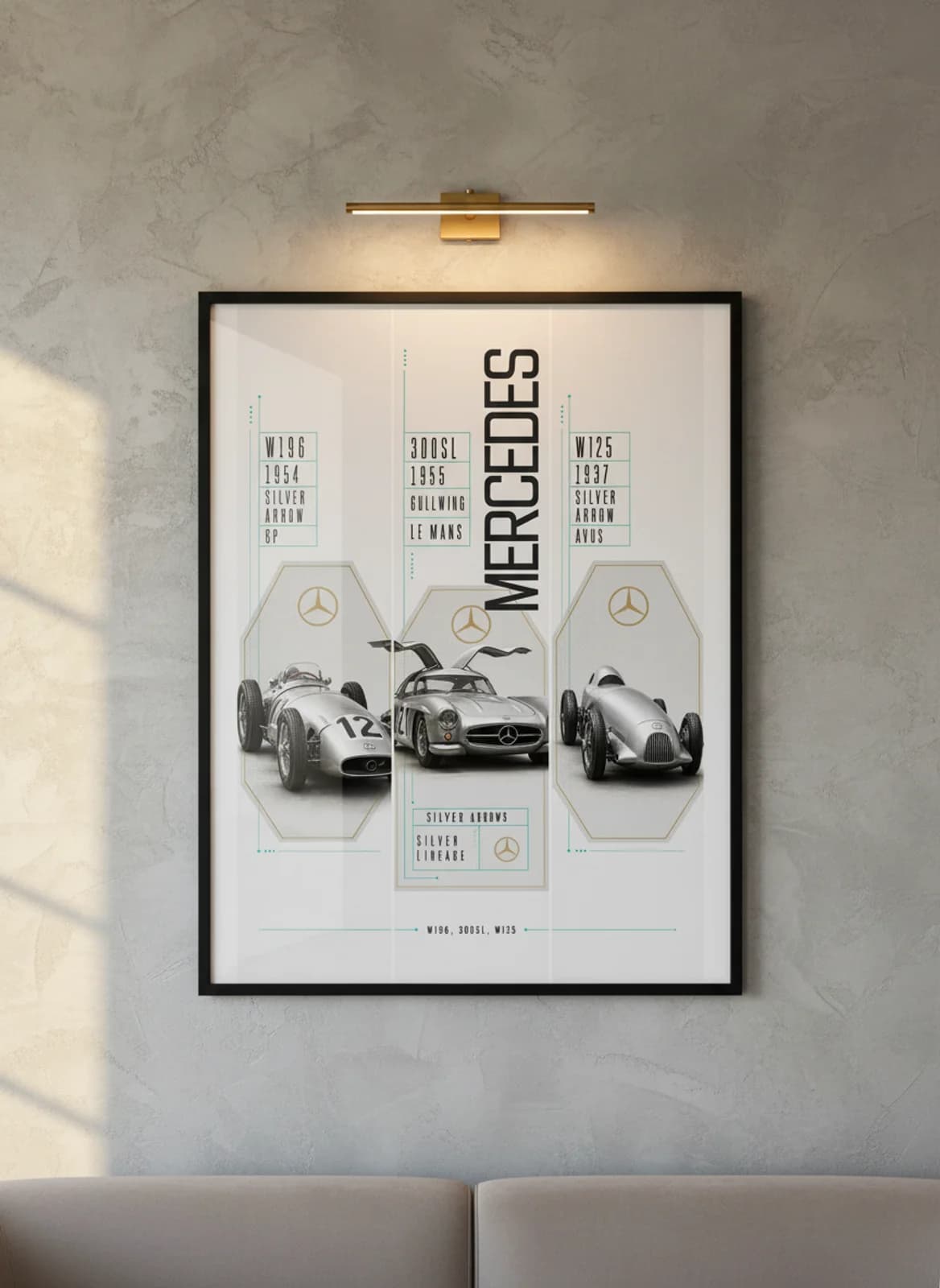 Mercedes Silver Arrows three-panel gallery set in black A2 frame on silver-metallic lime-wash wall — Gallery Sets mockup