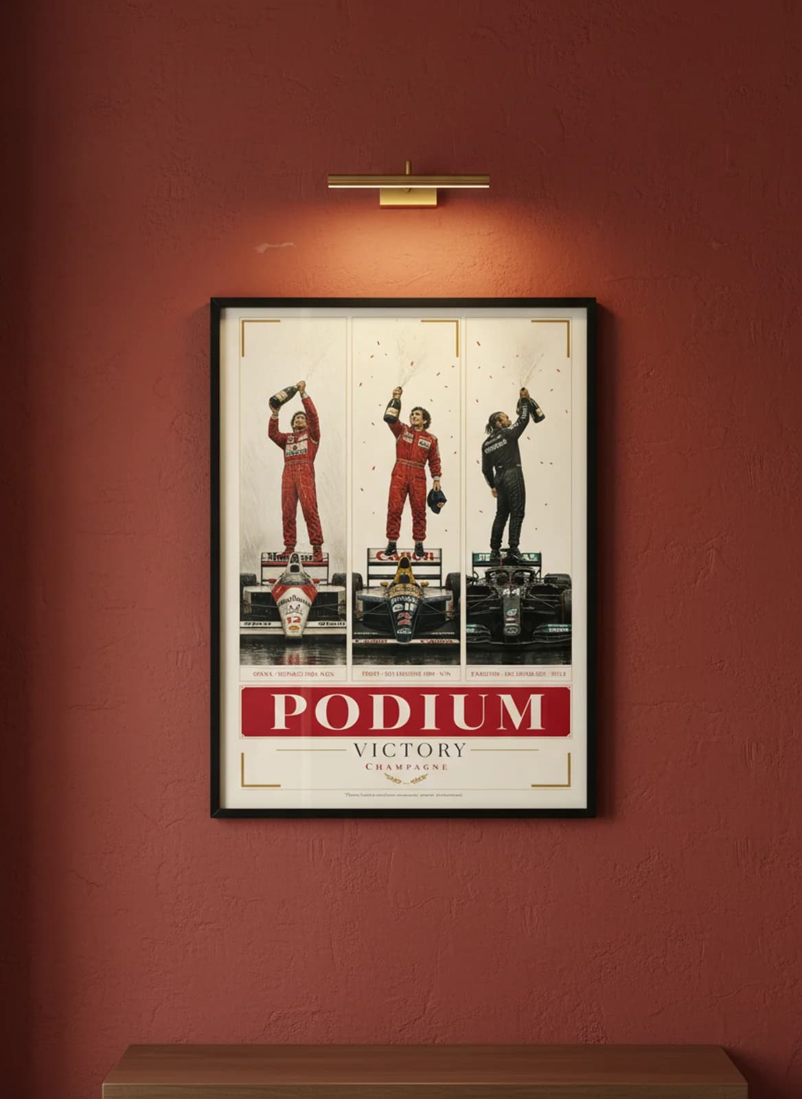 Podium three-panel gallery set in black A2 frame on rosso-corsa-red lime-wash wall — Gallery Sets mockup