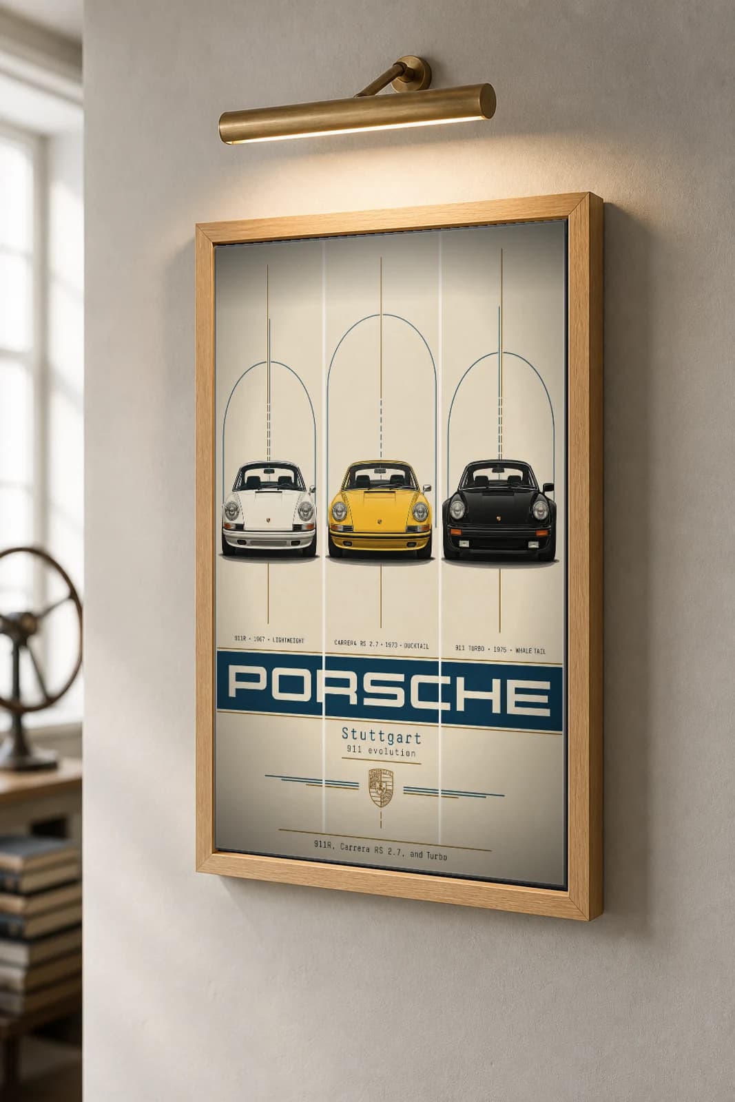 Porsche 911R / Carrera RS 2.7 / 911 Turbo Poster — 1975 Sports car WEC racing wall art · #— · framed A2 — the framed print shown at a three-quarter angle on a styled gallery wall in a natural-oak frame