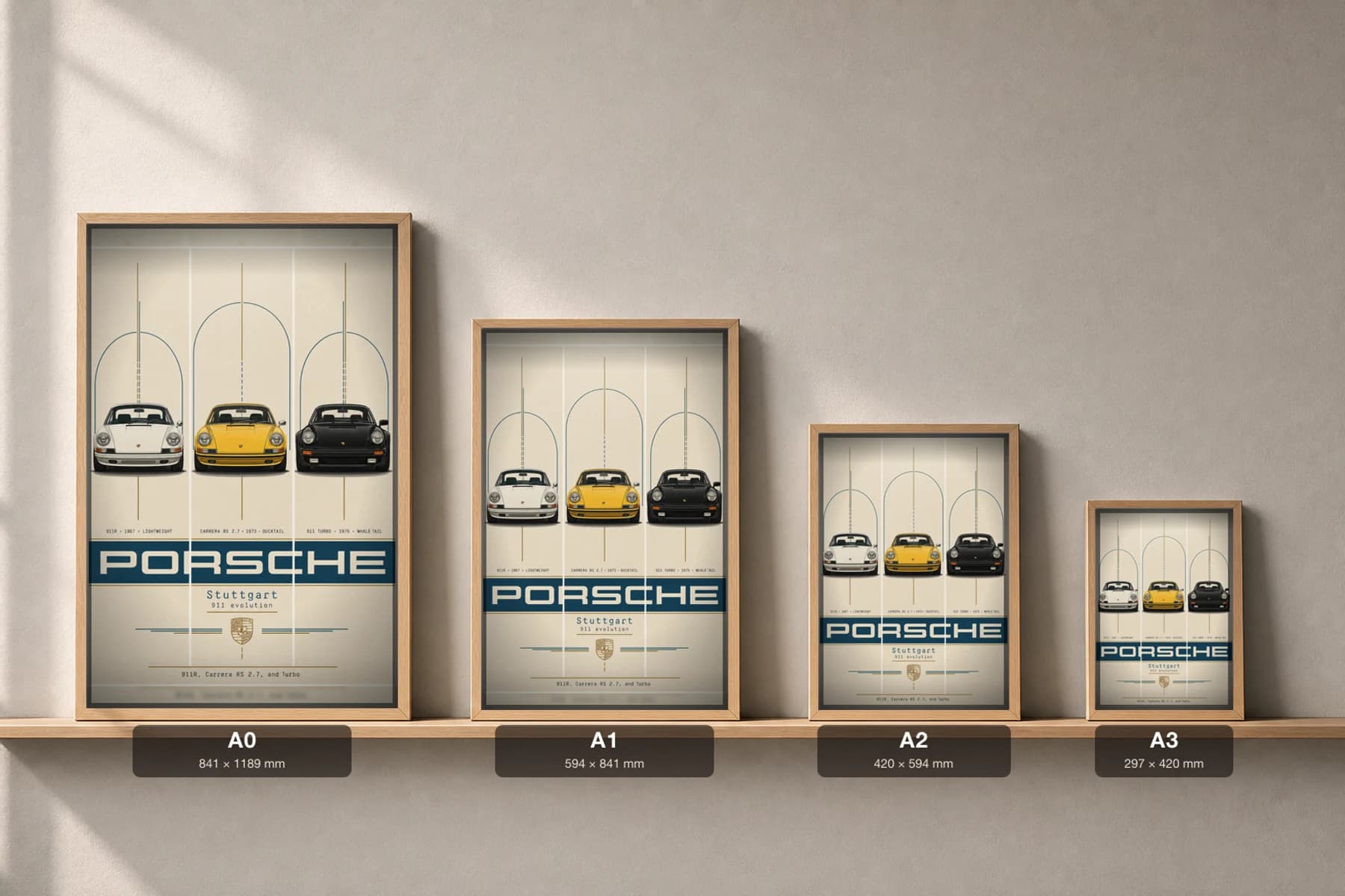 Porsche 911R / Carrera RS 2.7 / 911 Turbo Poster — 1975 Sports car WEC racing wall art · #— · framed A2 — print size guide showing the artwork at A0, A1, A2 and A3 in natural-oak frames at true relative scale