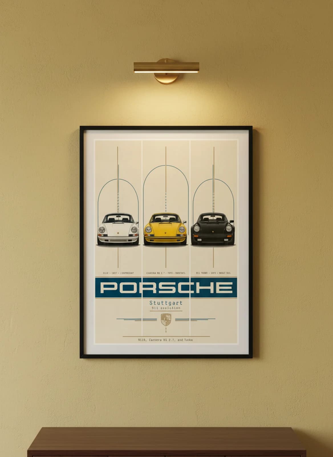 Porsche 911 Evolution three-panel gallery set in black A2 frame on signal-yellow lime-wash wall — Gallery Sets mockup