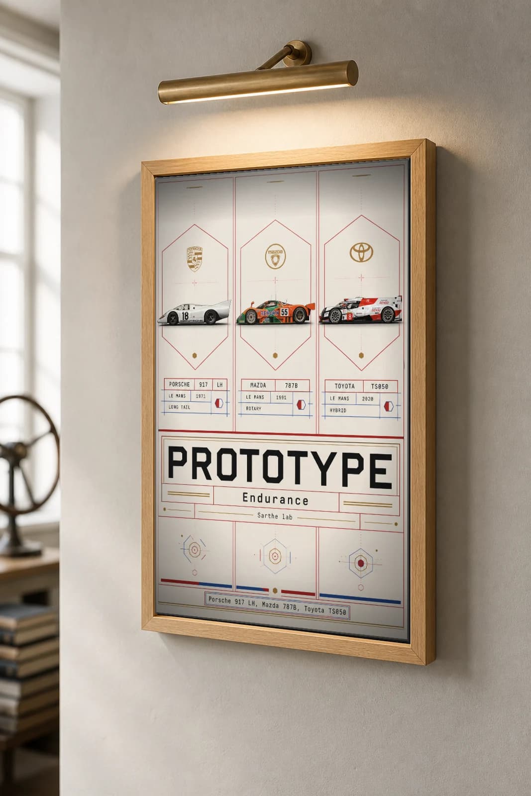 Porsche · Mazda · Toyota 917 LH · 787B · TS050 Poster —  Sports prototype · LMP · endurance prototype WEC racing wall art · #18 · 55 · 8 · framed A2 — the framed print shown at a three-quarter angle on a styled gallery wall in a natural-oak frame