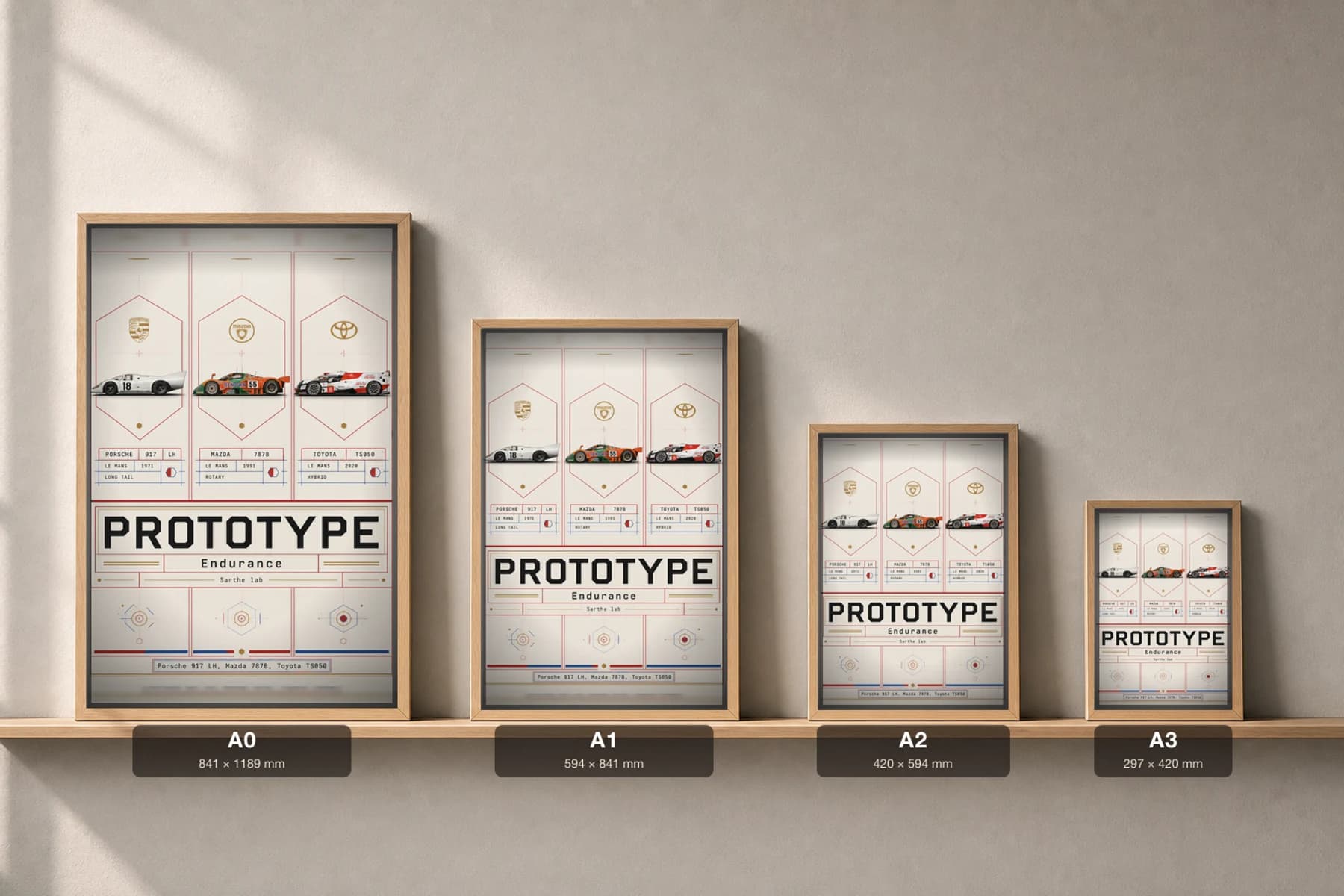 Porsche · Mazda · Toyota 917 LH · 787B · TS050 Poster —  Sports prototype · LMP · endurance prototype WEC racing wall art · #18 · 55 · 8 · framed A2 — print size guide showing the artwork at A0, A1, A2 and A3 in natural-oak frames at true relative scale