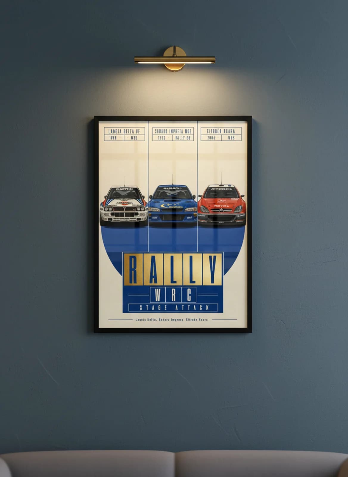 Rally Masters — Stage Attack three-panel gallery set in black A2 frame on deep-stage-blue lime-wash wall — Gallery Sets mockup
