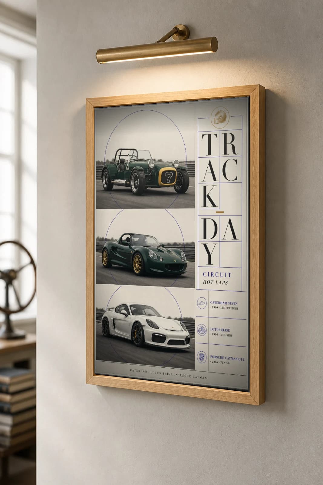Caterham · Lotus · Porsche Seven · Elise · Cayman GT4 Poster —  Track Day · Sports Car WEC racing wall art · #— · framed A2 — the framed print shown at a three-quarter angle on a styled gallery wall in a natural-oak frame