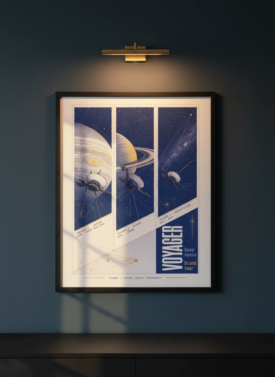 Voyager three-panel gallery set in black A2 frame on deep-navy-blue lime-wash wall — Gallery Sets mockup