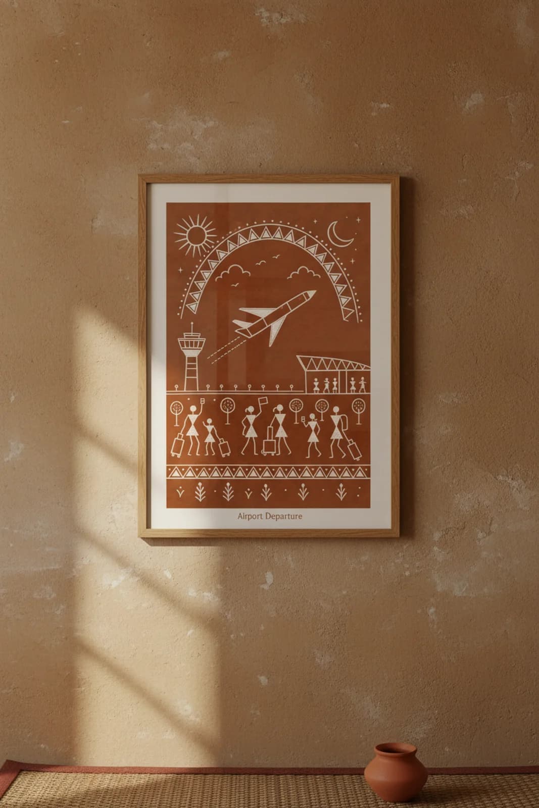 Airport Departure Warli print in natural oak A2 frame on warm-earth-neutral mud-plaster wall — rustic Indian folk art mockup