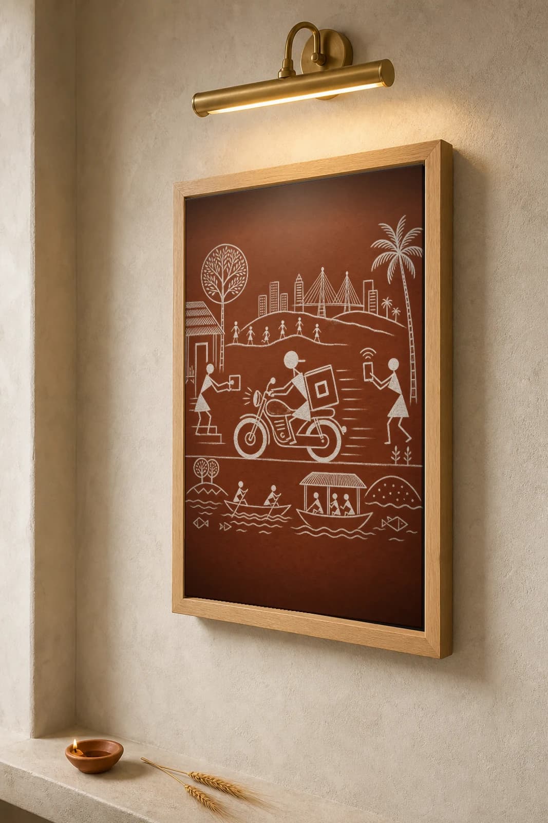 Mumbai App Delivery Bike Warli Poster — fusion Indian folk art wall decor · framed A2 — the framed print shown at a three-quarter angle on a styled gallery wall in a natural-oak frame