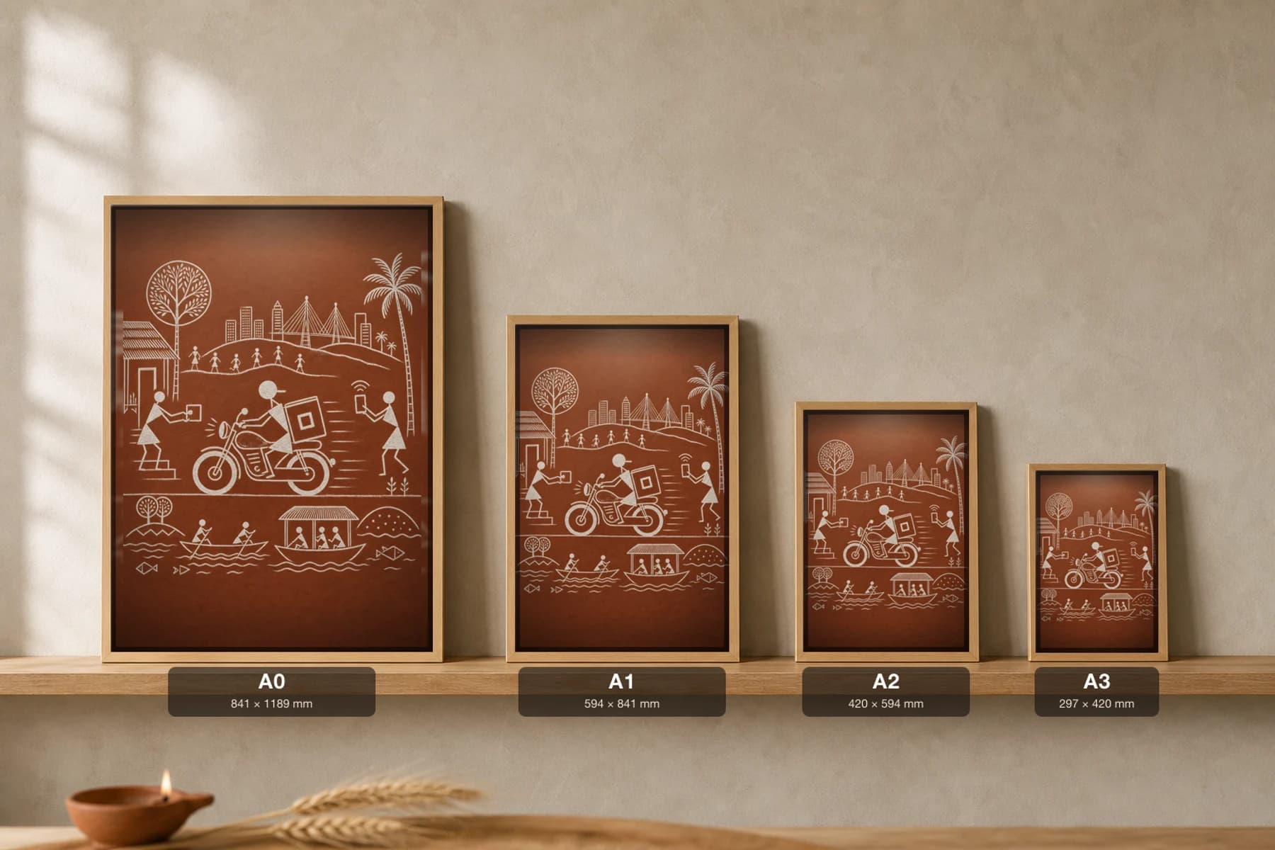 Mumbai App Delivery Bike Warli Poster — fusion Indian folk art wall decor · framed A2 — print size guide showing the artwork at A0, A1, A2 and A3 in natural-oak frames at true relative scale