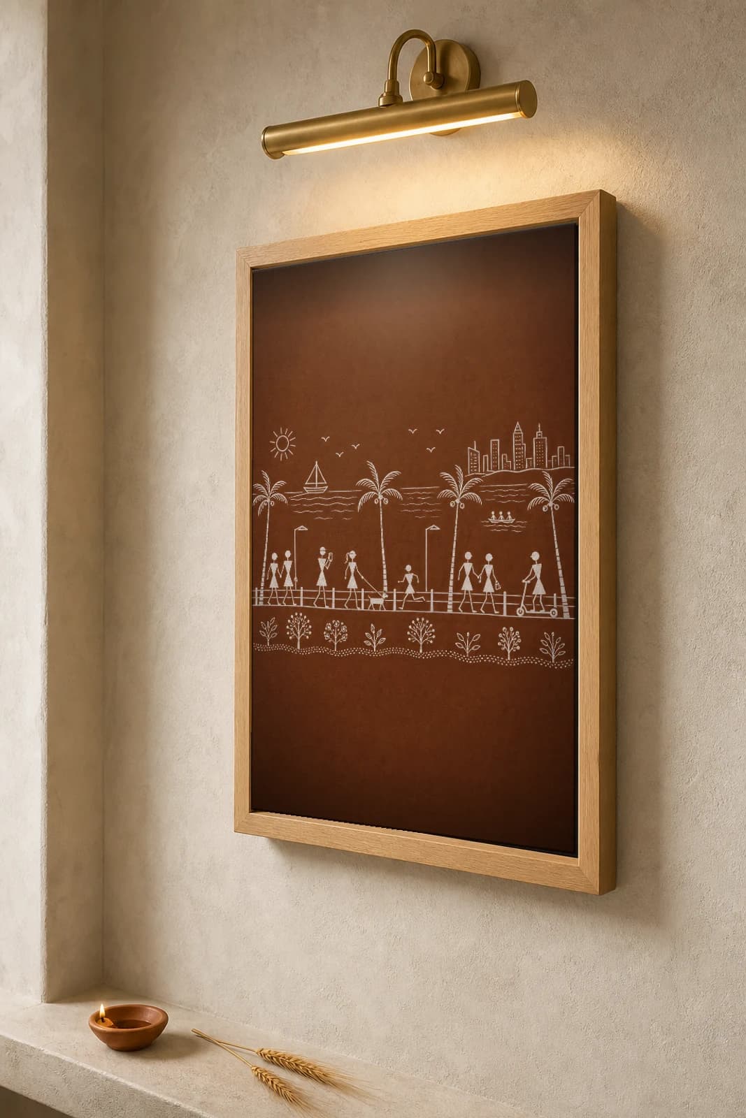 Mumbai Beach Promenade Walk Warli Poster — fusion Indian folk art wall decor · framed A2 — the framed print shown at a three-quarter angle on a styled gallery wall in a natural-oak frame