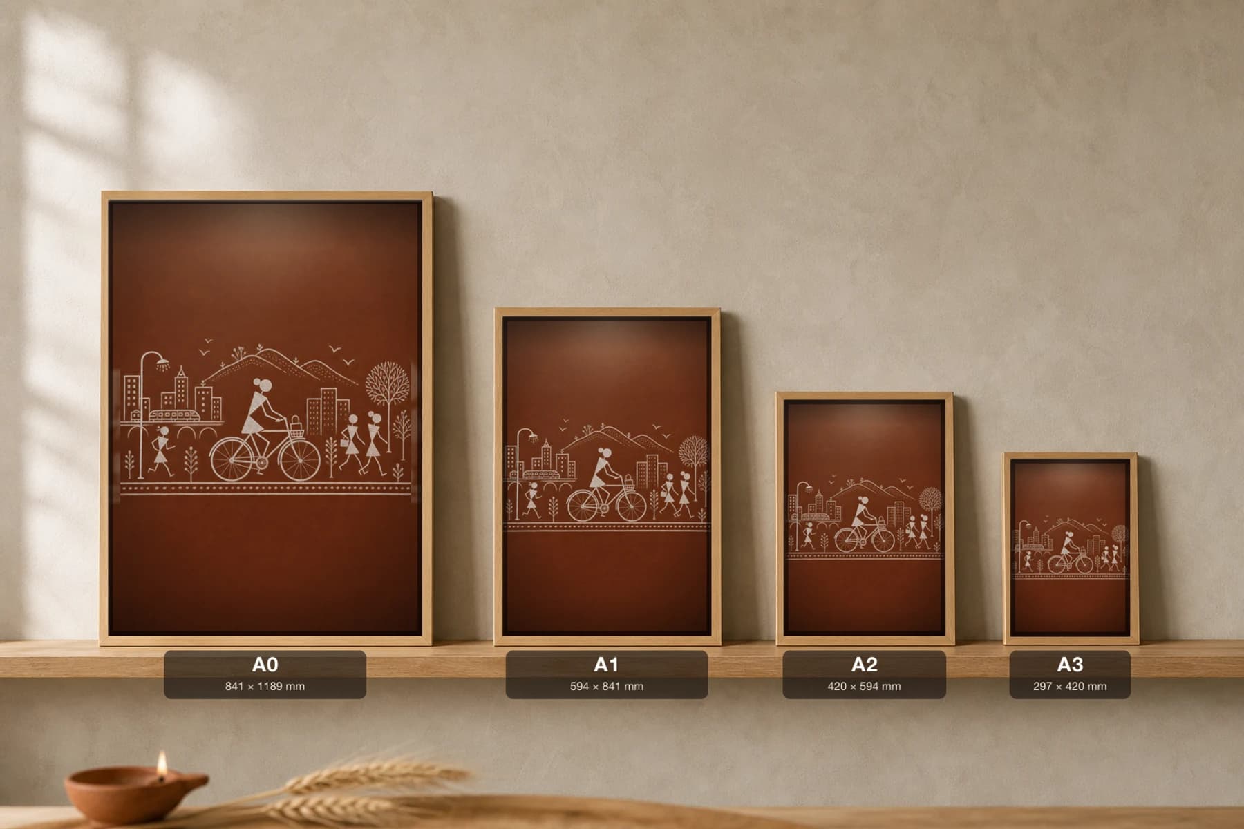 Pune City Bicycle Commute Warli Poster — fusion Indian folk art wall decor · framed A2 — print size guide showing the artwork at A0, A1, A2 and A3 in natural-oak frames at true relative scale