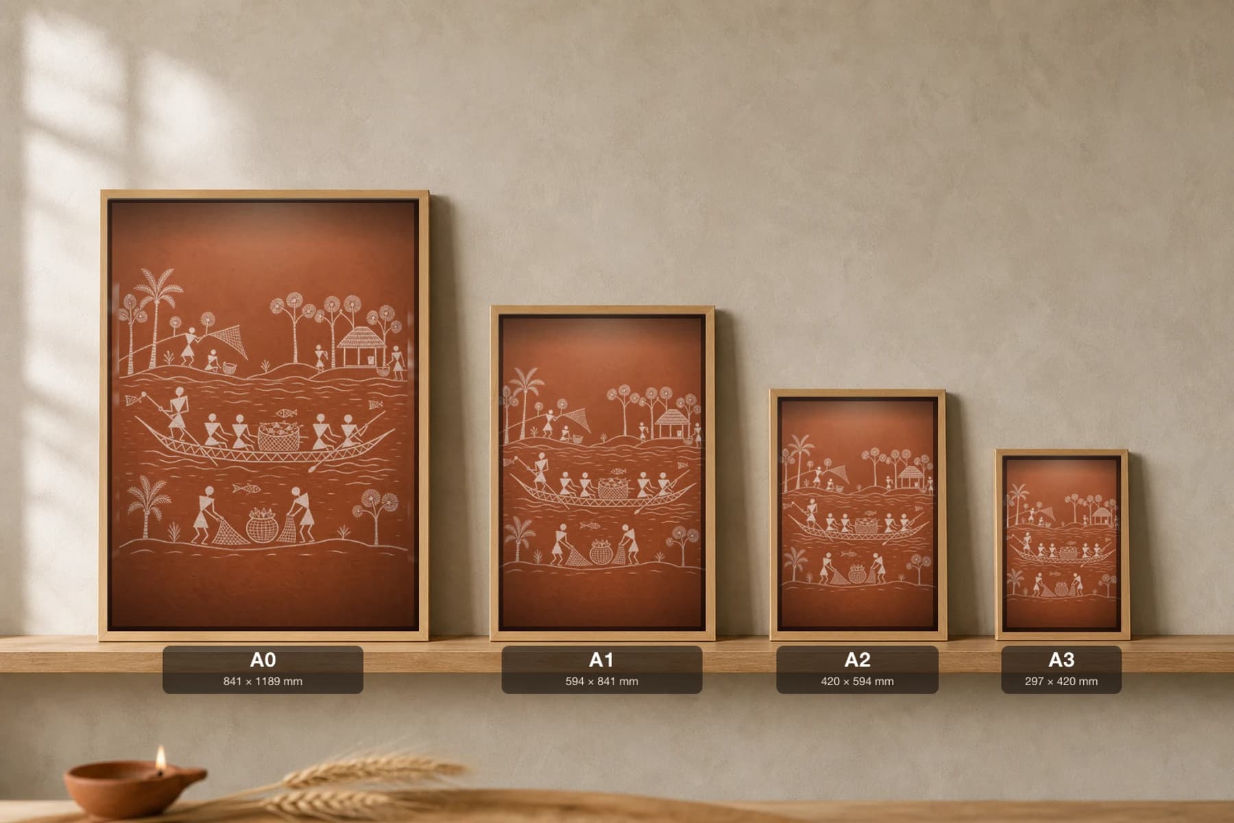 Mokhada River Boat Warli Poster — classical Indian folk art wall decor · framed A2 — print size guide showing the artwork at A0, A1, A2 and A3 in natural-oak frames at true relative scale