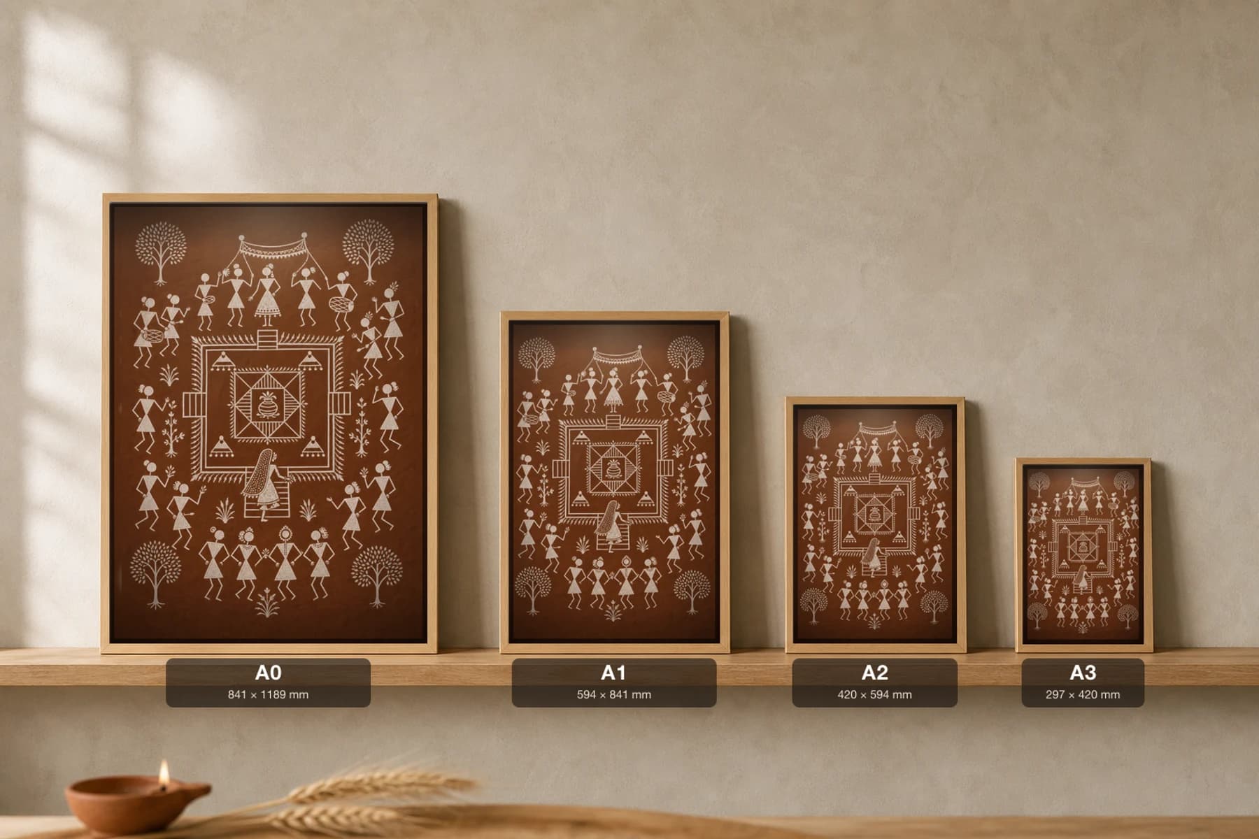 Dahanu Bridal Chauk Entry Warli Poster — classical Indian folk art wall decor · framed A2 — print size guide showing the artwork at A0, A1, A2 and A3 in natural-oak frames at true relative scale