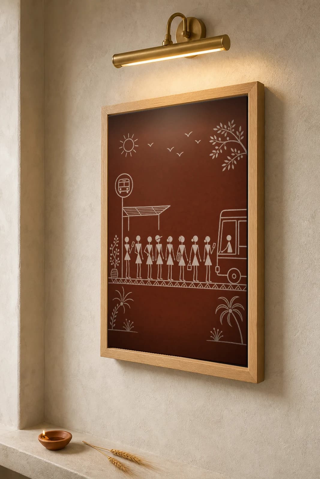 Delhi Bus Stop Queue Warli Poster — fusion Indian folk art wall decor · framed A2 — the framed print shown at a three-quarter angle on a styled gallery wall in a natural-oak frame