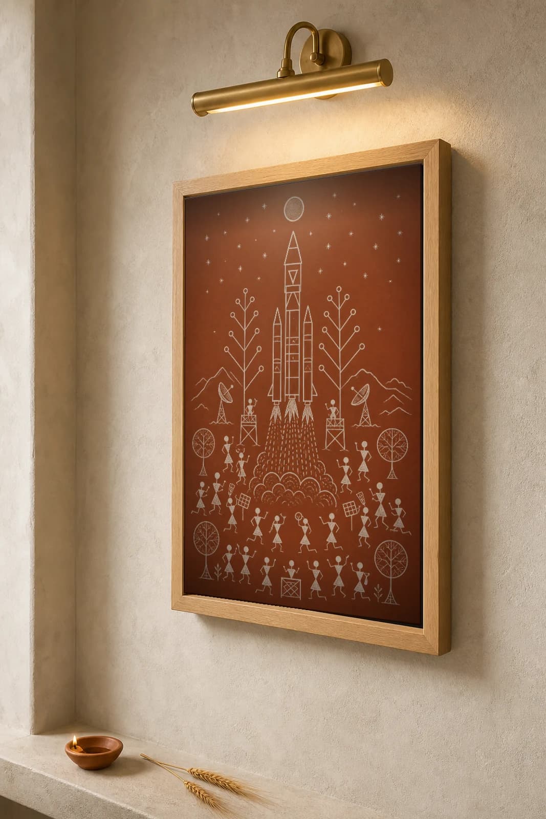 ISRO Chandrayaan Rocket Launch Warli Poster — fusion Indian folk art wall decor · framed A2 — the framed print shown at a three-quarter angle on a styled gallery wall in a natural-oak frame