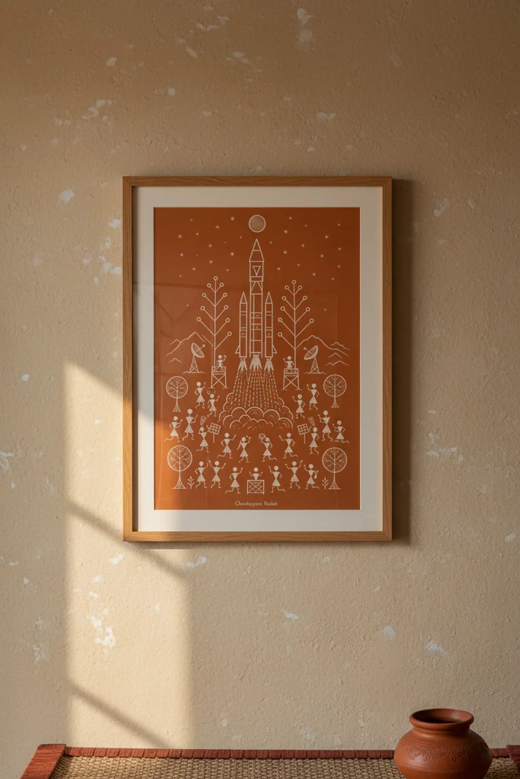 Chandrayaan Rocket Warli print in natural oak A2 frame on red-ochre-terracotta mud-plaster wall — rustic Indian folk art mockup