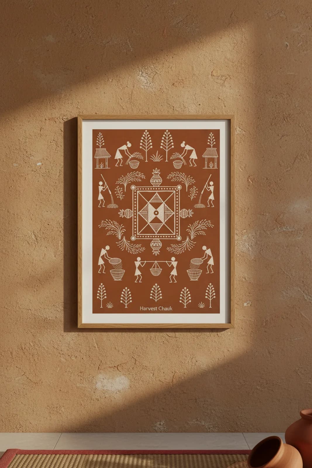 Harvest Chauk Warli print in natural oak A2 frame on warm-earth-neutral mud-plaster wall — rustic Indian folk art mockup