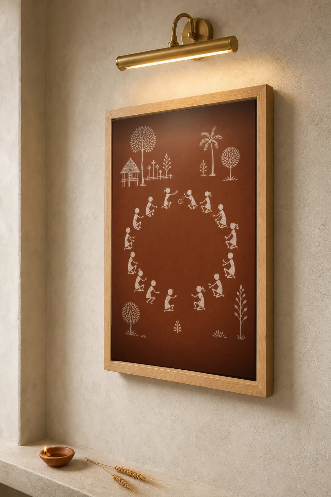 Mokhada Children Play Circle Warli Poster — classical Indian folk art wall decor · framed A2 — the framed print shown at a three-quarter angle on a styled gallery wall in a natural-oak frame