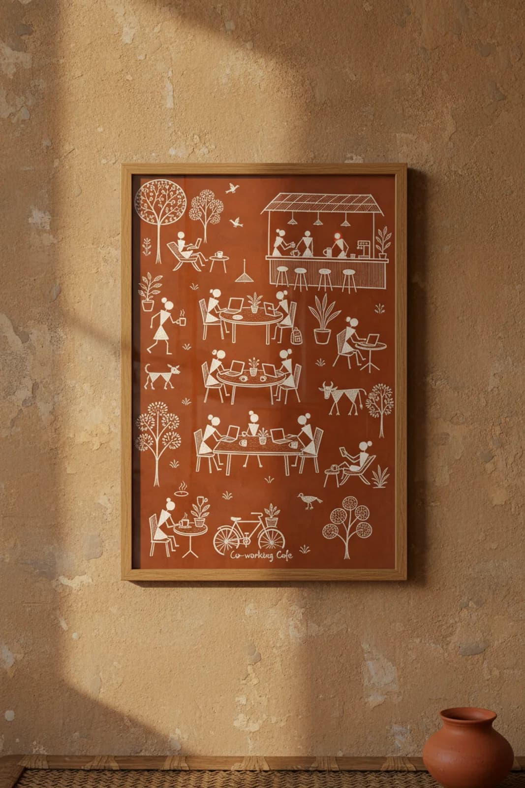 Co-working Cafe Warli print in natural oak A2 frame on warm-earth-neutral mud-plaster wall — rustic Indian folk art mockup