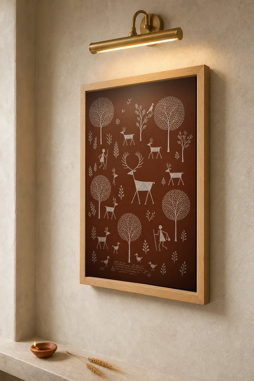 Vikramgad Deer Forest Path Warli Poster — classical Indian folk art wall decor · framed A2 — the framed print shown at a three-quarter angle on a styled gallery wall in a natural-oak frame