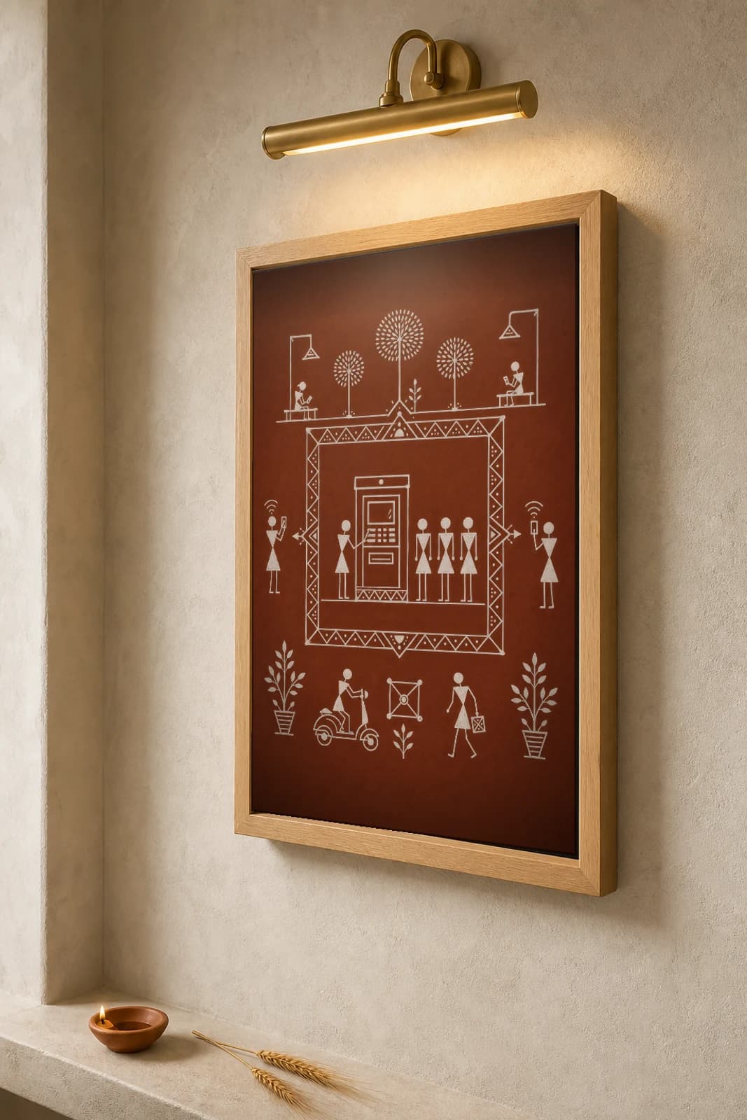 Hyderabad Digital Kiosk Warli Poster — fusion Indian folk art wall decor · framed A2 — the framed print shown at a three-quarter angle on a styled gallery wall in a natural-oak frame