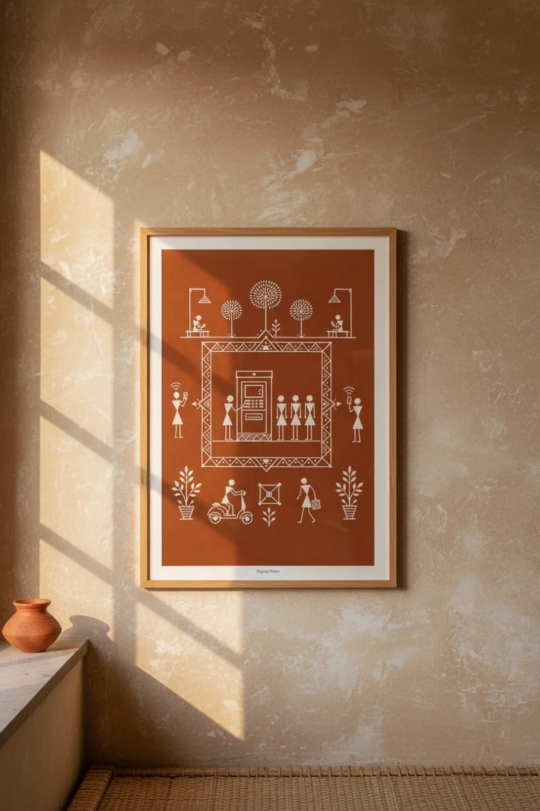 Digital Kiosk Warli print in natural oak A2 frame on warm-earth-neutral mud-plaster wall — rustic Indian folk art mockup