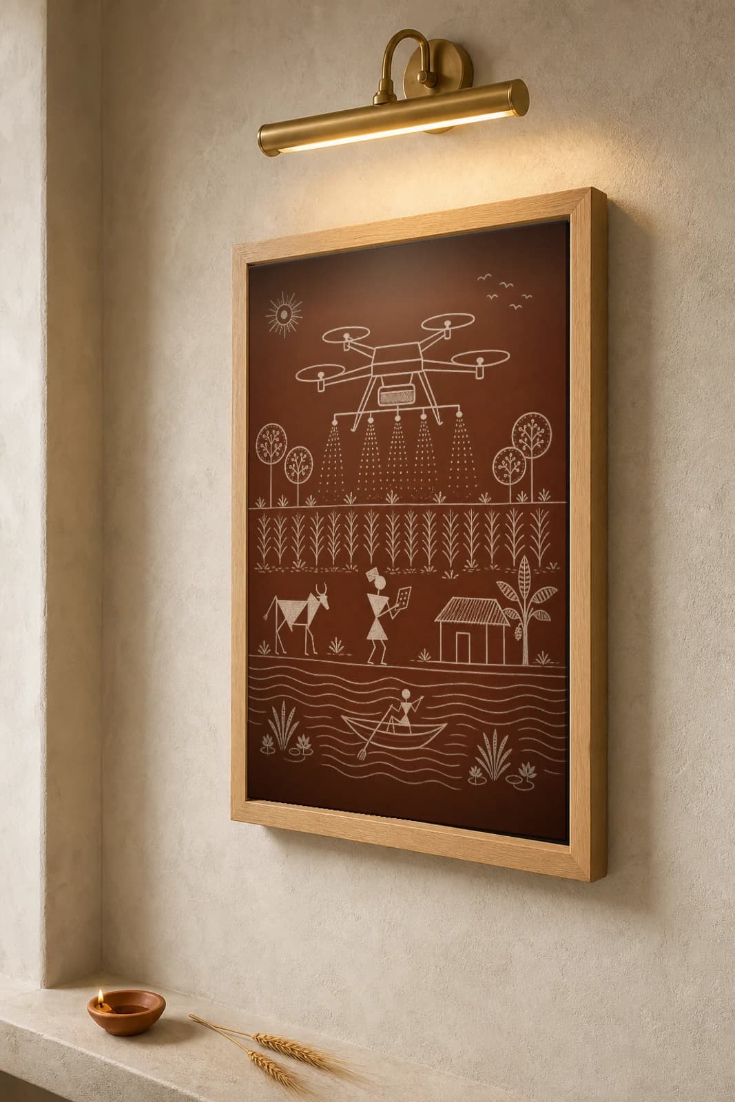Punjab Drone Farm Survey Warli Poster — fusion Indian folk art wall decor · framed A2 — the framed print shown at a three-quarter angle on a styled gallery wall in a natural-oak frame
