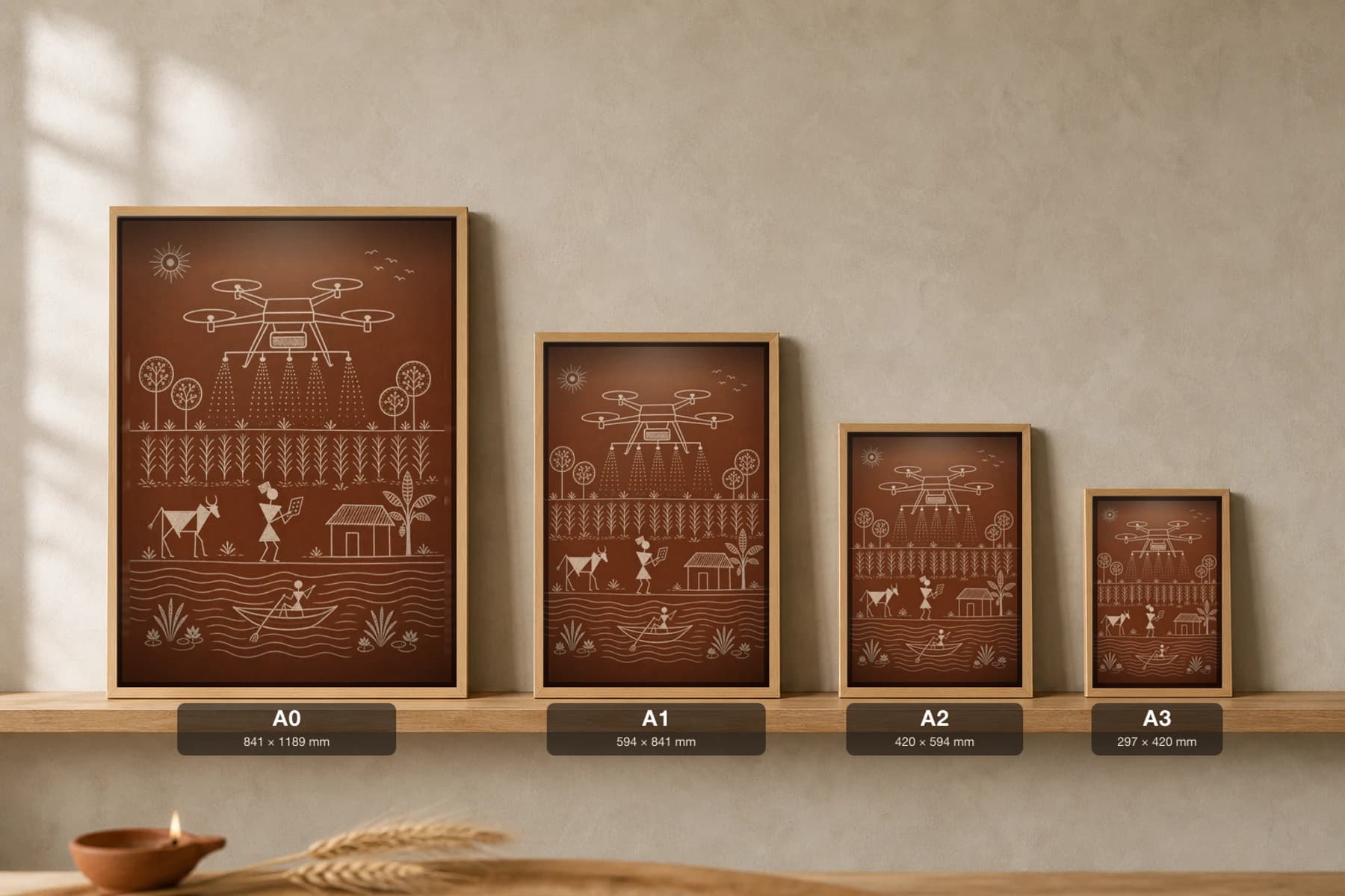 Punjab Drone Farm Survey Warli Poster — fusion Indian folk art wall decor · framed A2 — print size guide showing the artwork at A0, A1, A2 and A3 in natural-oak frames at true relative scale