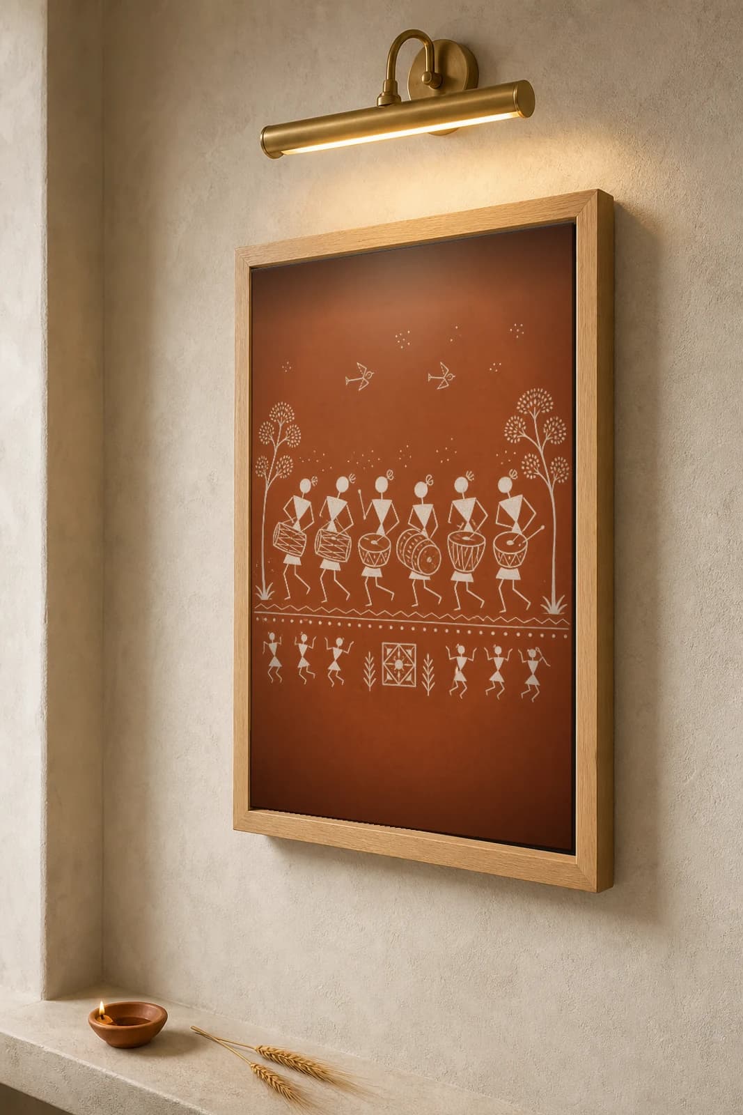 Palghar Drum Festival Line Warli Poster — classical Indian folk art wall decor · framed A2 — the framed print shown at a three-quarter angle on a styled gallery wall in a natural-oak frame