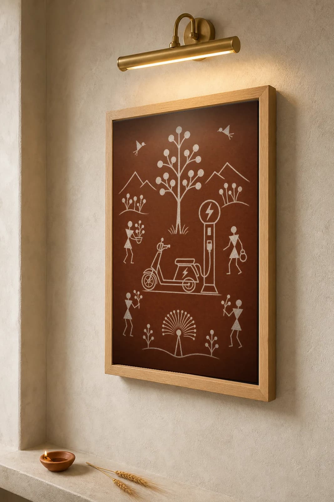 Pune EV Scooter Charge Warli Poster — fusion Indian folk art wall decor · framed A2 — the framed print shown at a three-quarter angle on a styled gallery wall in a natural-oak frame