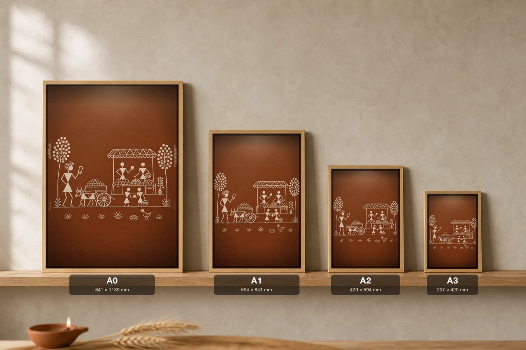 Nashik Farmer Market App Warli Poster — fusion Indian folk art wall decor · framed A2 — print size guide showing the artwork at A0, A1, A2 and A3 in natural-oak frames at true relative scale